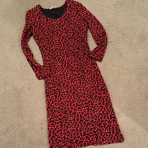 Elegant Red Leopard Print Long Sleeve Dress